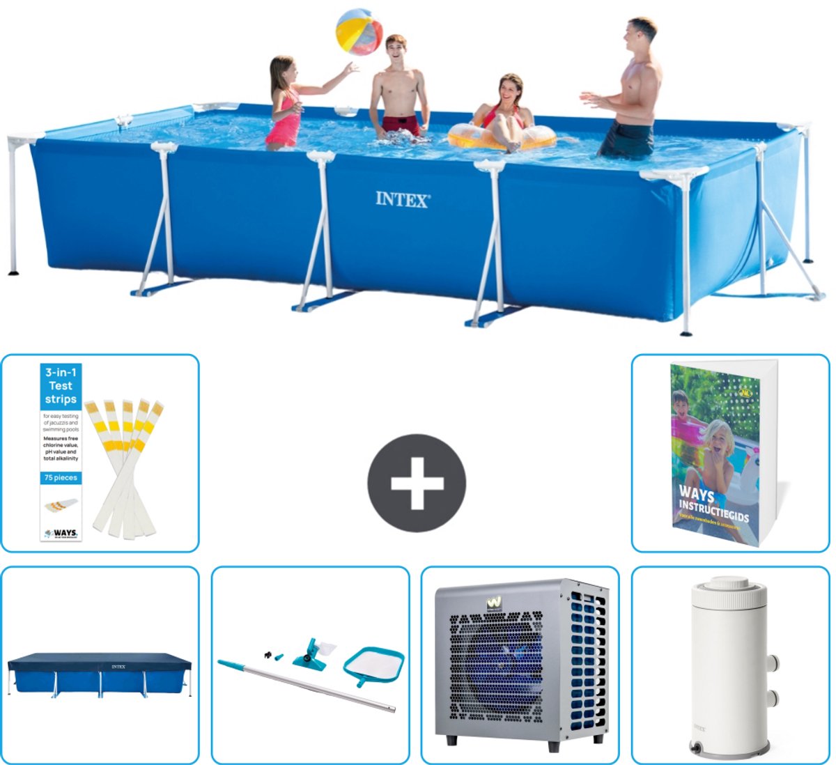 Intex Rechthoekig Frame Zwembad - 450 x 220 x 84 cm - Blauw - Inclusief Afdekzeil - Schoonmaakset - Warmtepomp - Zwembadfilterpomp - 7-delig