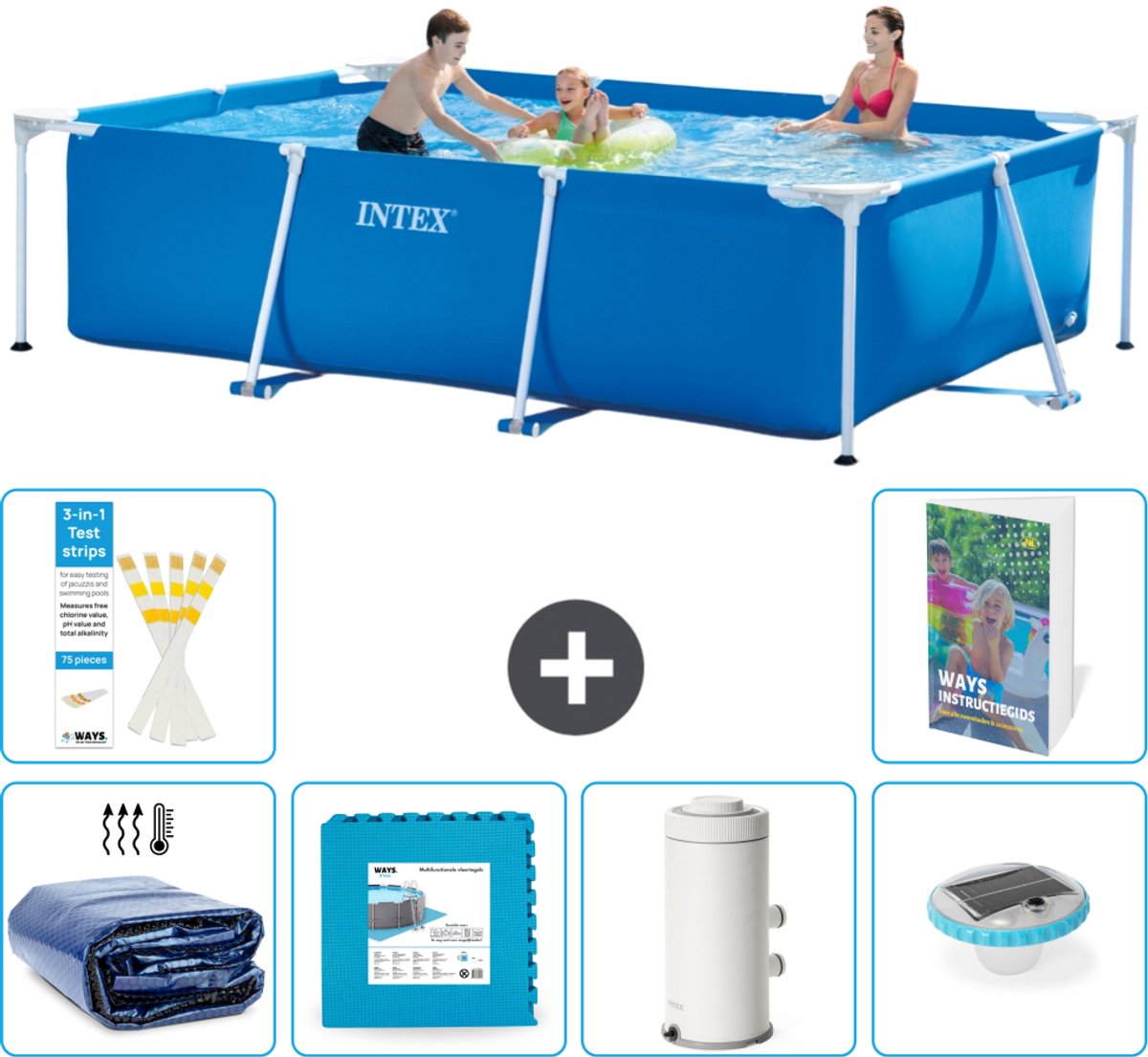 Intex Rechthoekig Frame Zwembad - 300 x 200 x 75 cm - Blauw - Inclusief Solarzeil - Vloertegels - Zwembadfilterpomp - Verlichting - 7-delig