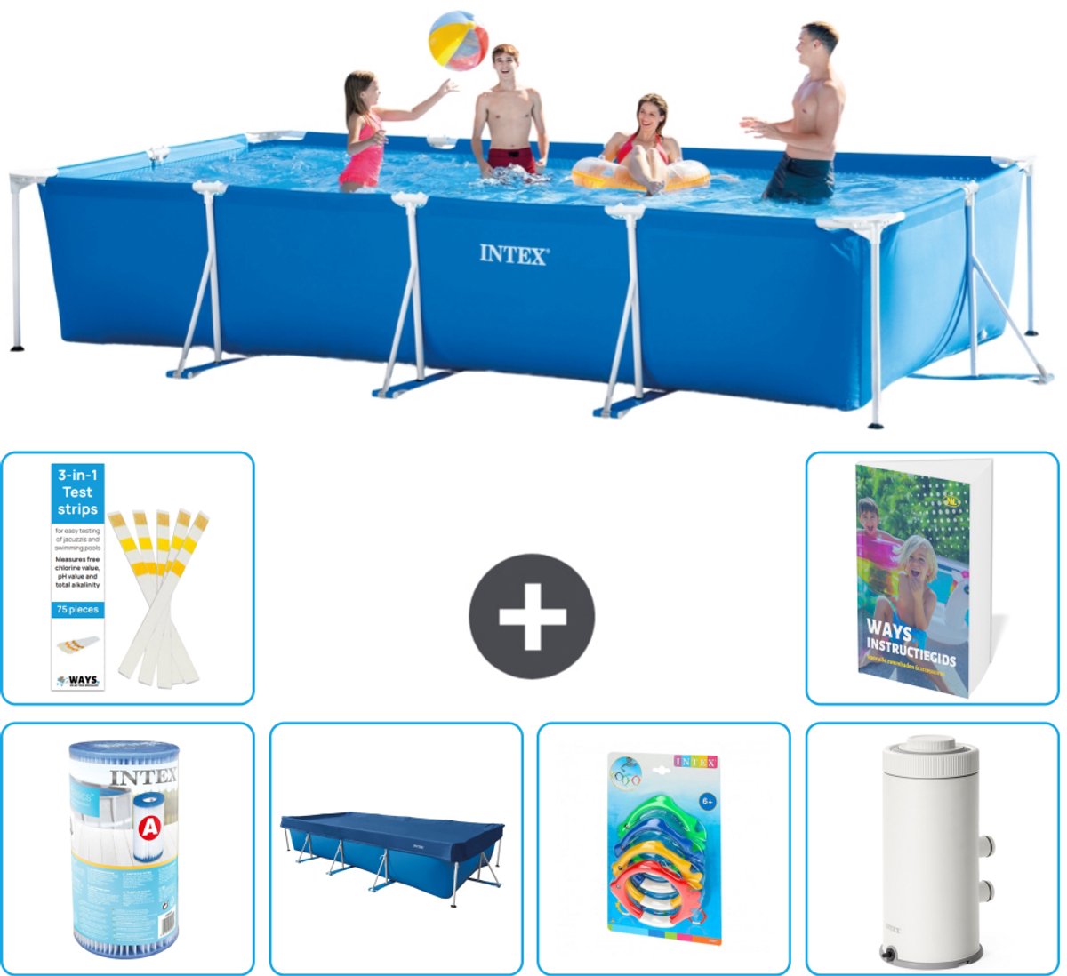 Intex Rechthoekig Frame Zwembad - 450 x 220 x 84 cm - Blauw - Inclusief Filter - Afdekzeil - Speelgoed - Zwembadfilterpomp - 7-delig