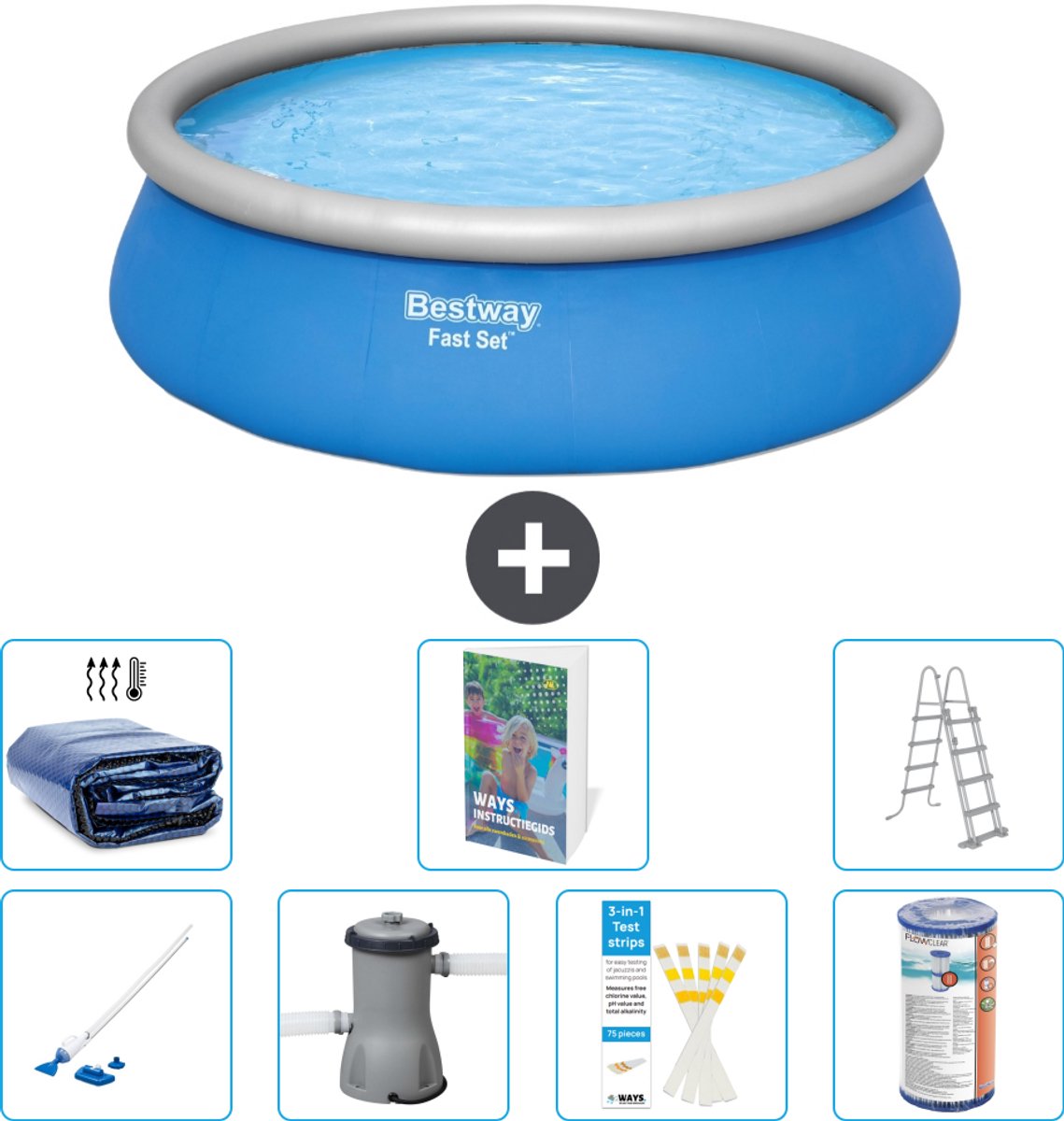 Bestway Rond Opblaasbaar Fast Set Zwembad - 457 x 122 cm - Blauw - Inclusief Pomp - Ladder - Filter - Solarzeil - Stofzuiger - 8-delig