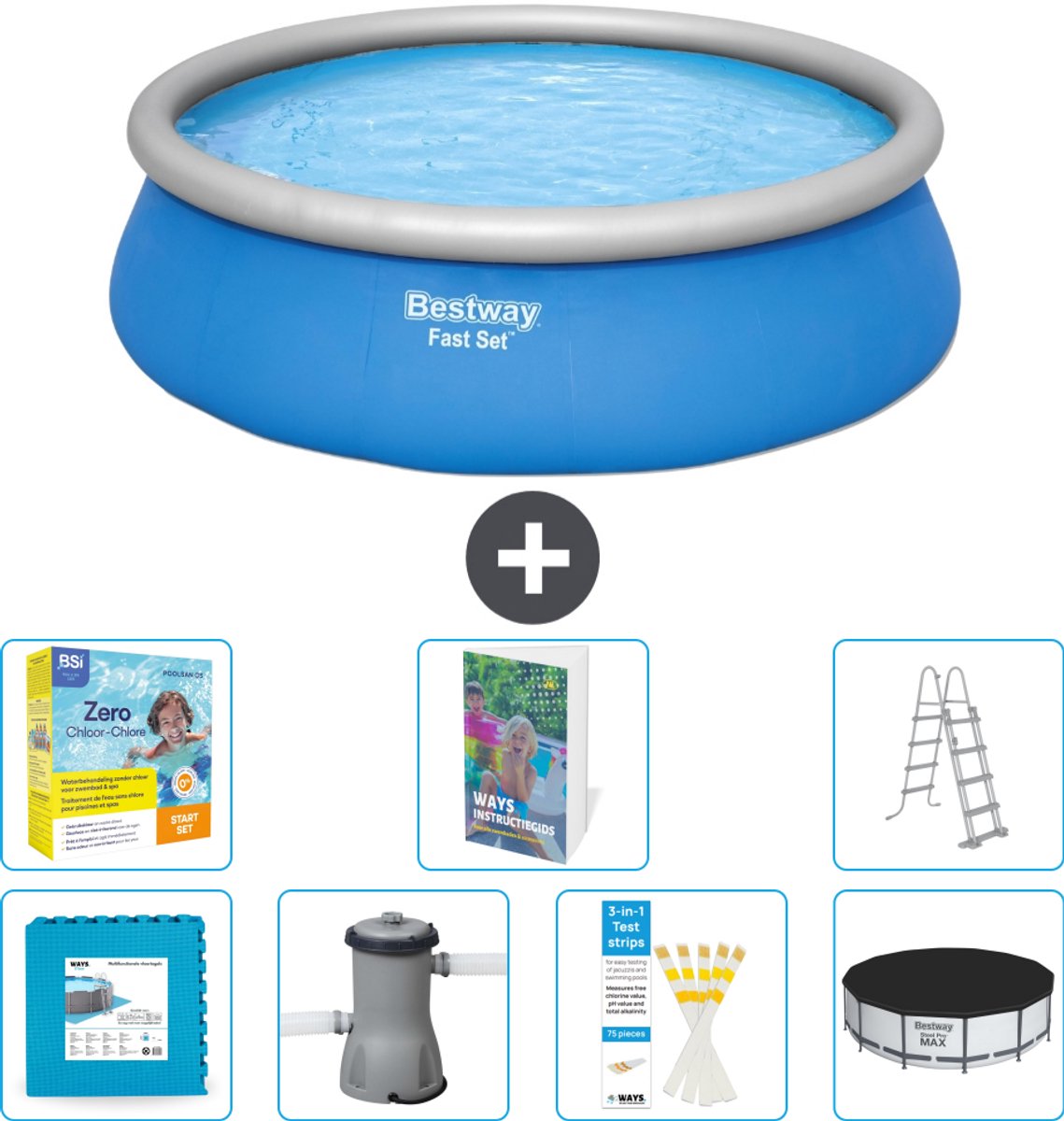 Bestway Rond Opblaasbaar Fast Set Zwembad - 457 x 122 cm - Blauw - Inclusief Pomp - Ladder - Afdekzeil - Onderhoudspakket - Vloertegels - 8-delig