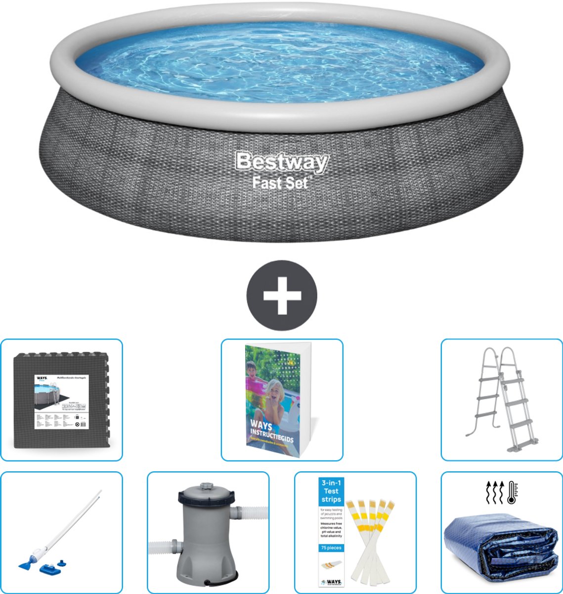 Bestway Rond Opblaasbaar Fast Set Zwembad - Rotanprint - 457 x 107 cm - Inclusief Pomp - Ladder - Solarzeil - Vloertegels - Stofzuiger - 8-delig