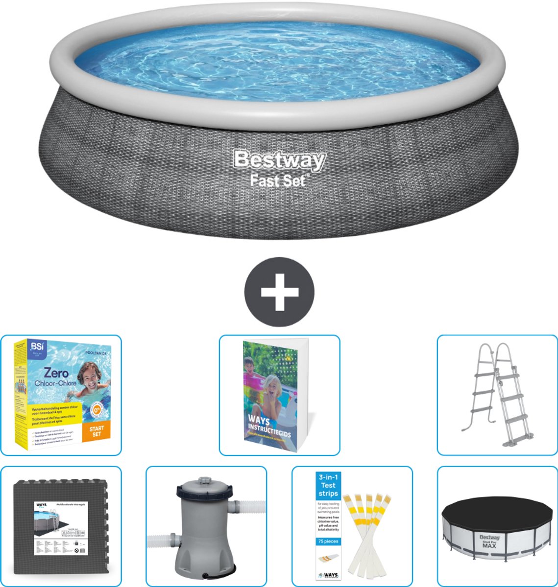 Bestway Rond Opblaasbaar Fast Set Zwembad - Rotanprint - 457 x 107 cm - Inclusief Pomp - Ladder - Afdekzeil - Onderhoudspakket - Vloertegels - 8-delig