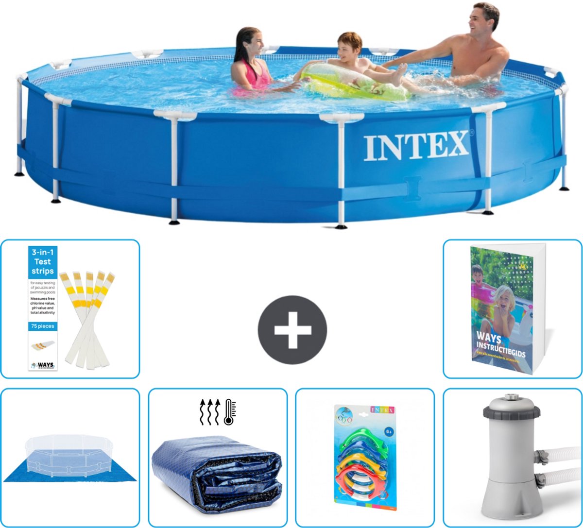 Intex Rond Frame Zwembad - 366 x 76 cm - Blauw - Inclusief Grondzeil - Solarzeil - Speelgoed - Zwembadfilterpomp - 7-delig