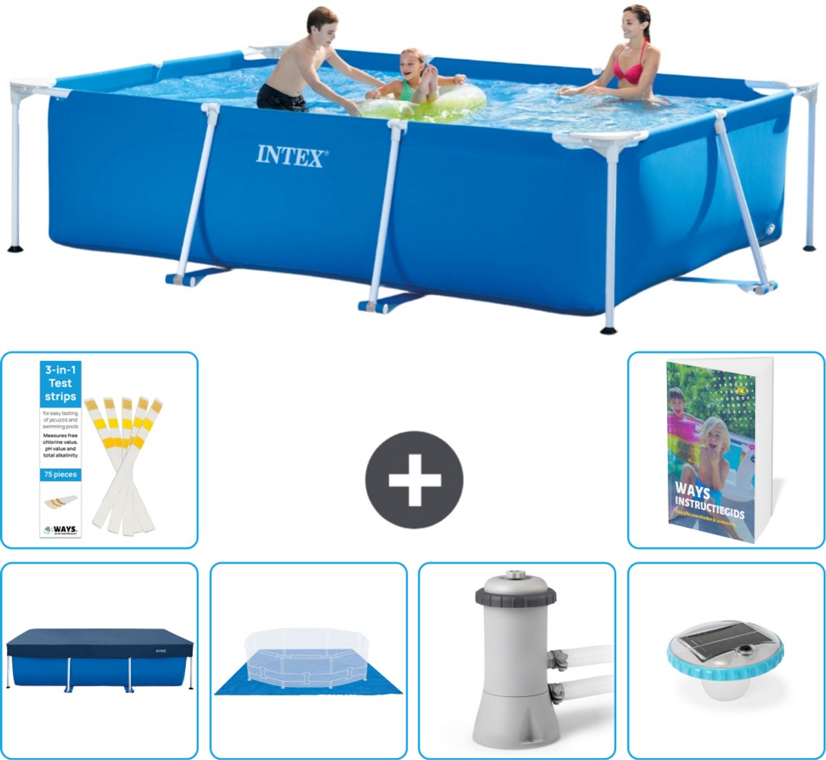 Intex Rechthoekig Frame Zwembad - 300 x 200 x 75 cm - Blauw - Inclusief Afdekzeil - Grondzeil - Zwembadfilterpomp - Verlichting - 7-delig