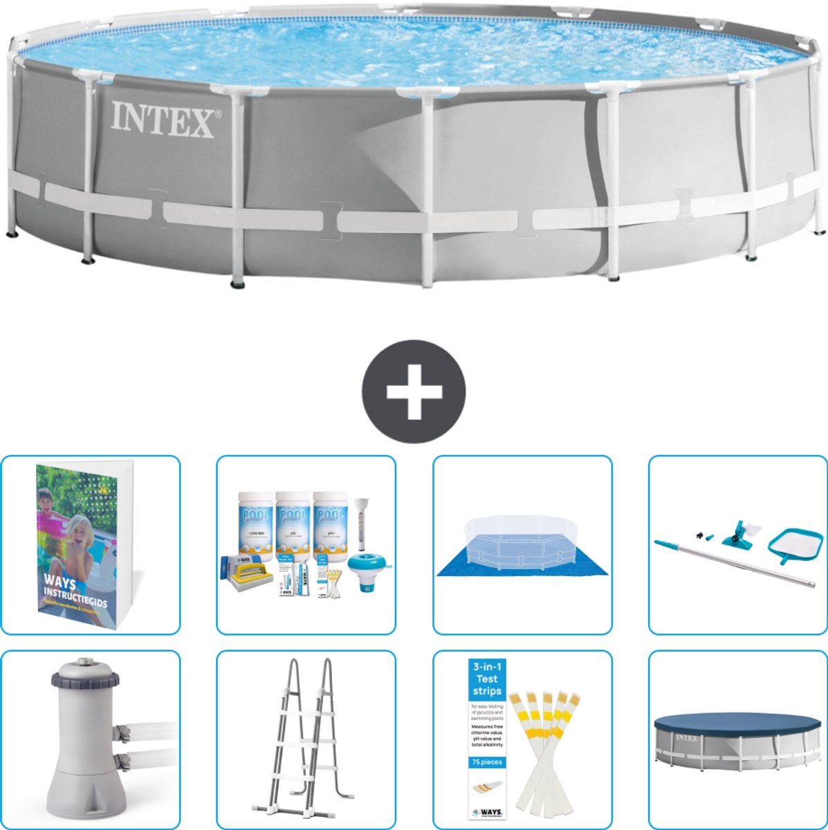 Intex Rond Prism Frame Zwembad - 427 x 107 cm - Grijs - Inclusief Pomp - Ladder - Grondzeil - Afdekzeil - Onderhoudspakket - Schoonmaakset - 9-delig
