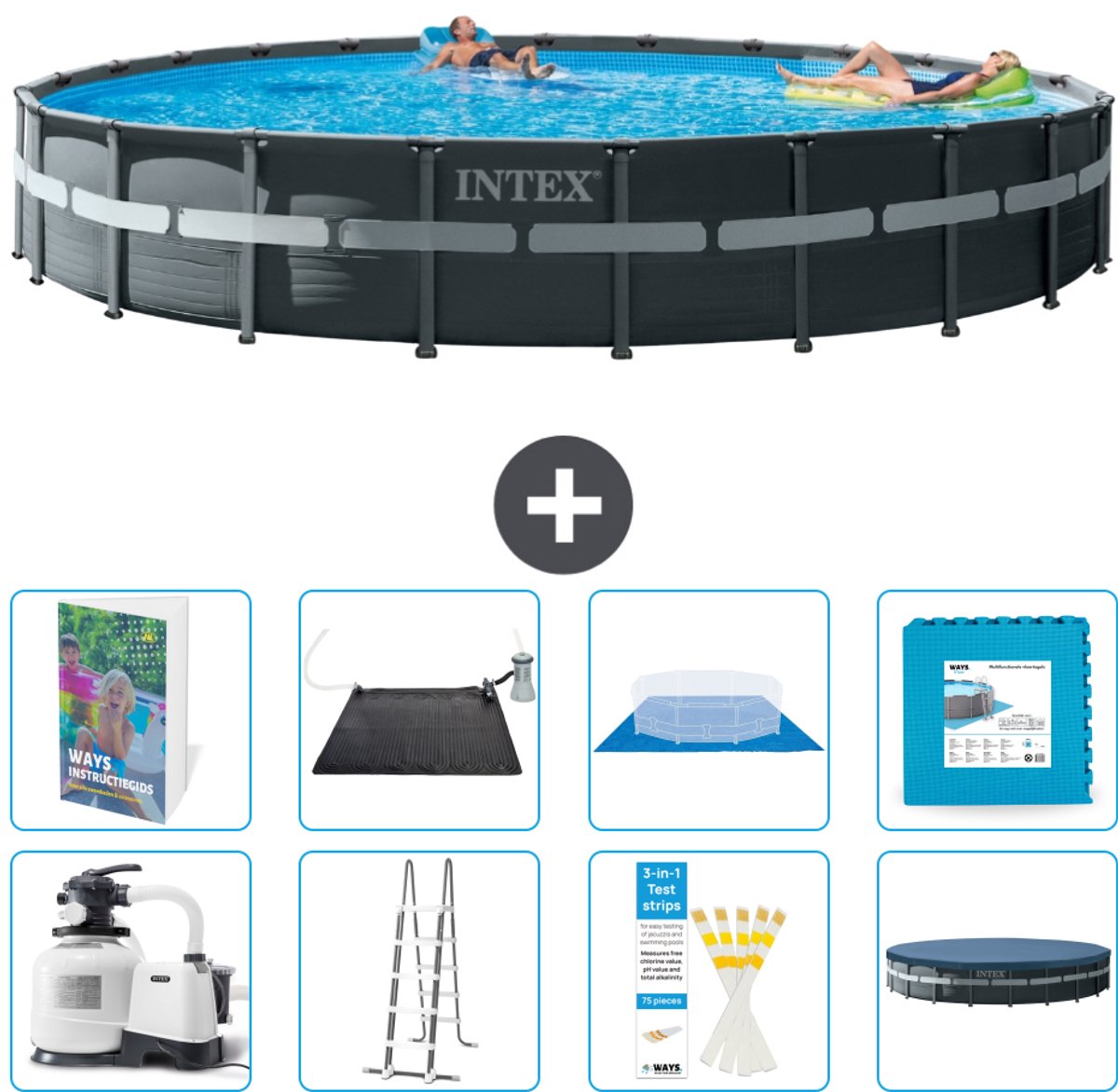 Intex Rond Ultra XTR Frame Zwembad - 732 x 132 cm - Inclusief Pomp - Ladder - Grondzeil - Afdekzeil - Solar Mat - Vloertegels - 9-delig