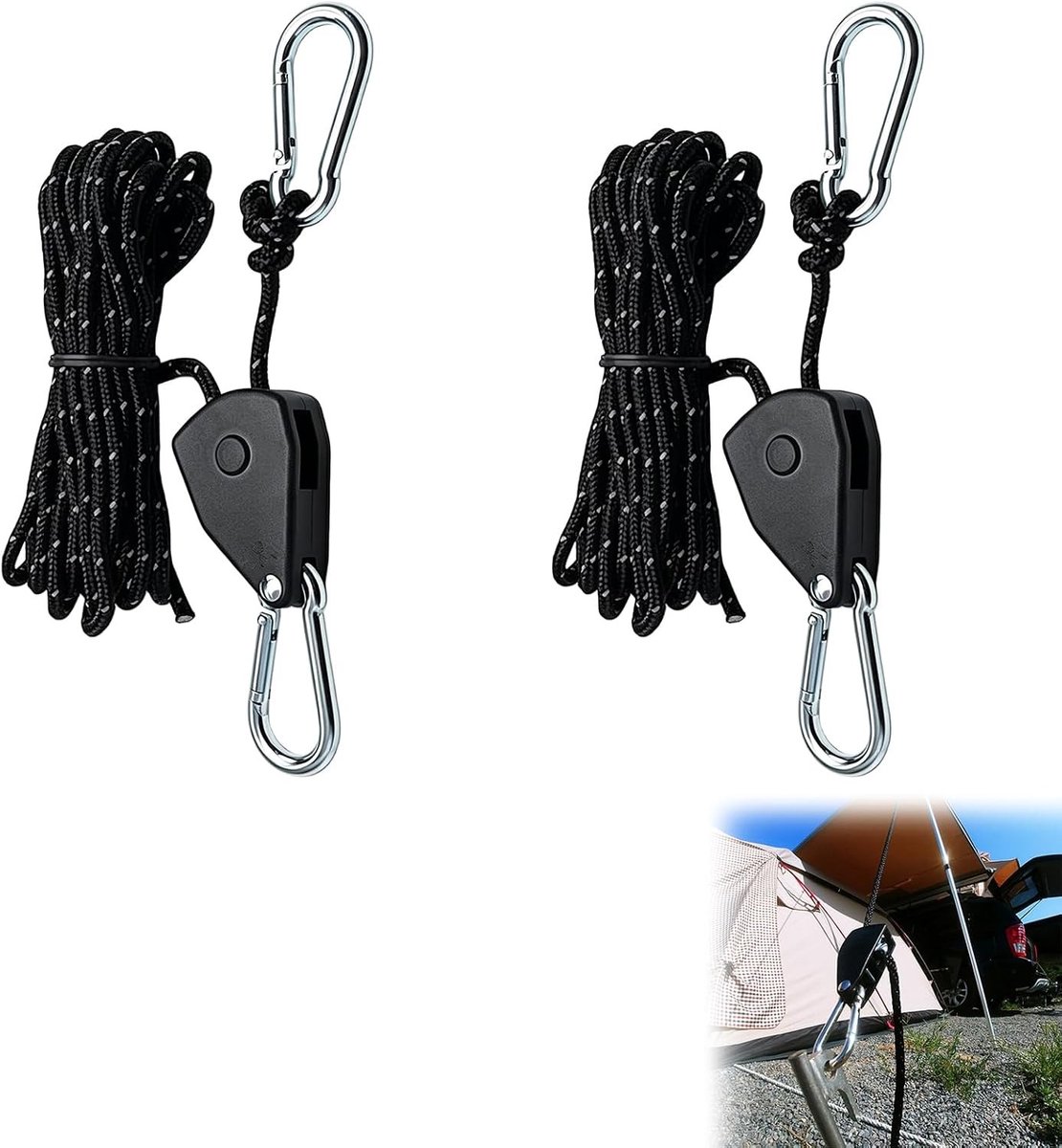 Reflecterende Tenttouwen met Verstelbare Ratchet Haken - 200cm Polypropyleen Touwen voor Camping, Tarp en Zonnescherm, Tot 68kg Laadcapaciteit