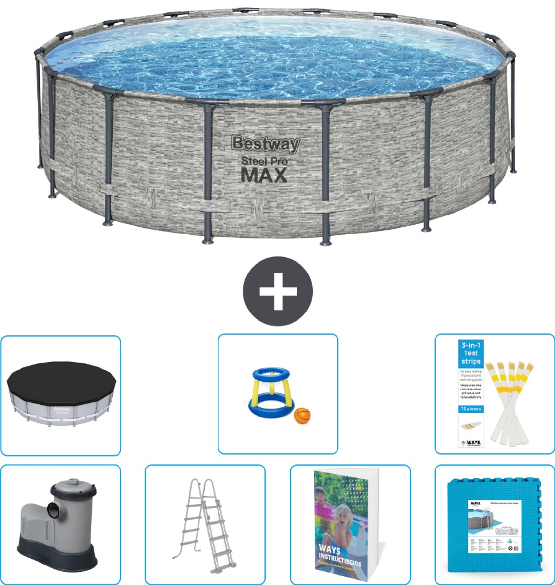Bestway Rond Steel Pro MAX Zwembad - Steenprint - 488 x 122 cm - Inclusief Pomp - Ladder - Afdekzeil - Speelgoed - Vloertegels - 8-delig