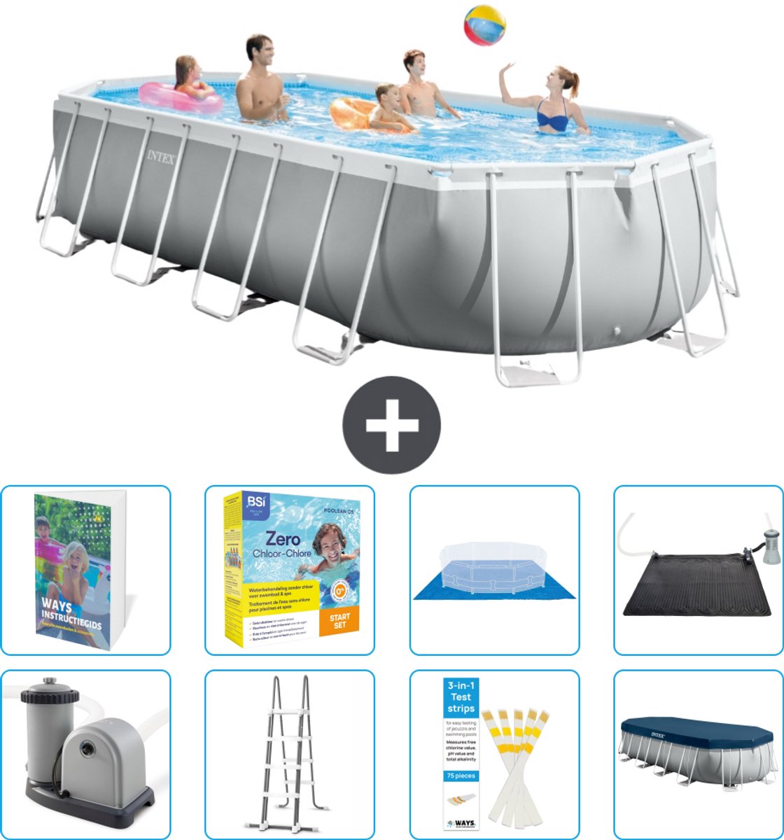 Intex Ovaal Prism Frame Zwembad - 610 x 305 x 122 cm - Grijs - Inclusief Pomp - Ladder - Grondzeil - Afdekzeil - Onderhoudspakket - Solar Mat - 9-delig