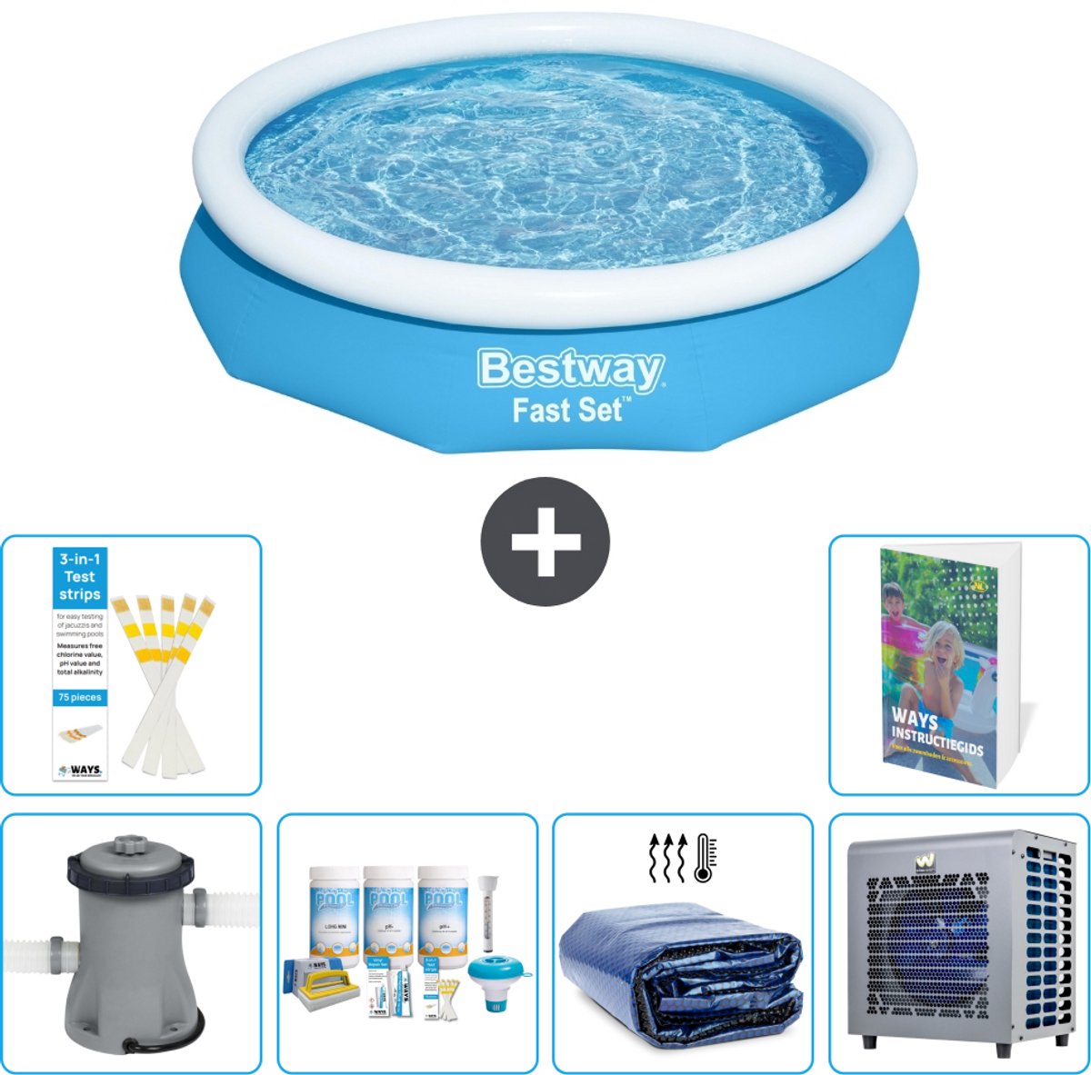 Bestway Rond Opblaasbaar Fast Set Zwembad - 305 x 66 cm - Blauw - Inclusief Pomp - Onderhoudspakket - Solarzeil - Warmtepomp - 7-delig