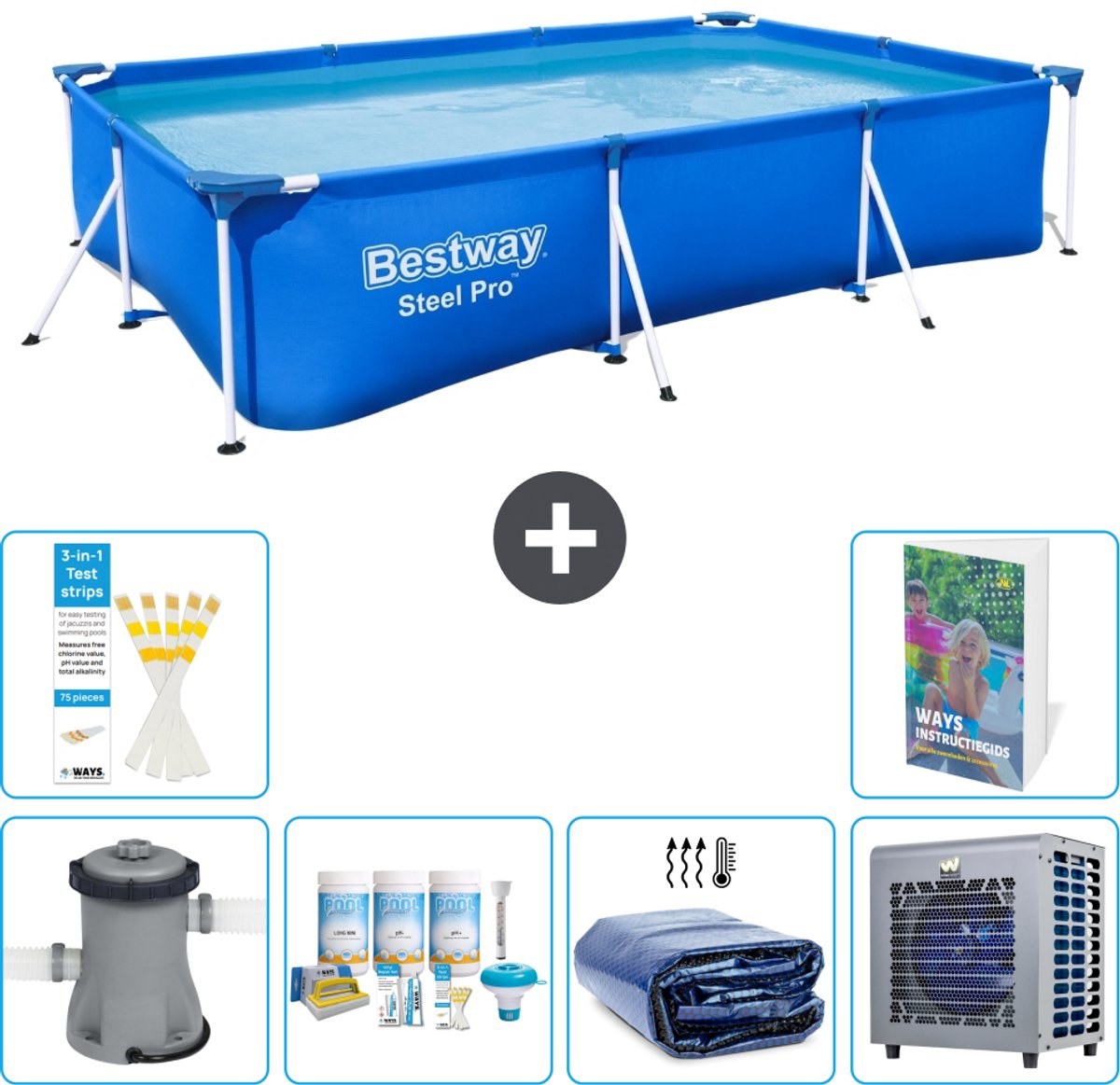 Bestway Rechthoekig Steel Pro Zwembad - 300 x 201 x 66 cm - Blauw - Inclusief Pomp - Onderhoudspakket - Solarzeil - Warmtepomp - 7-delig