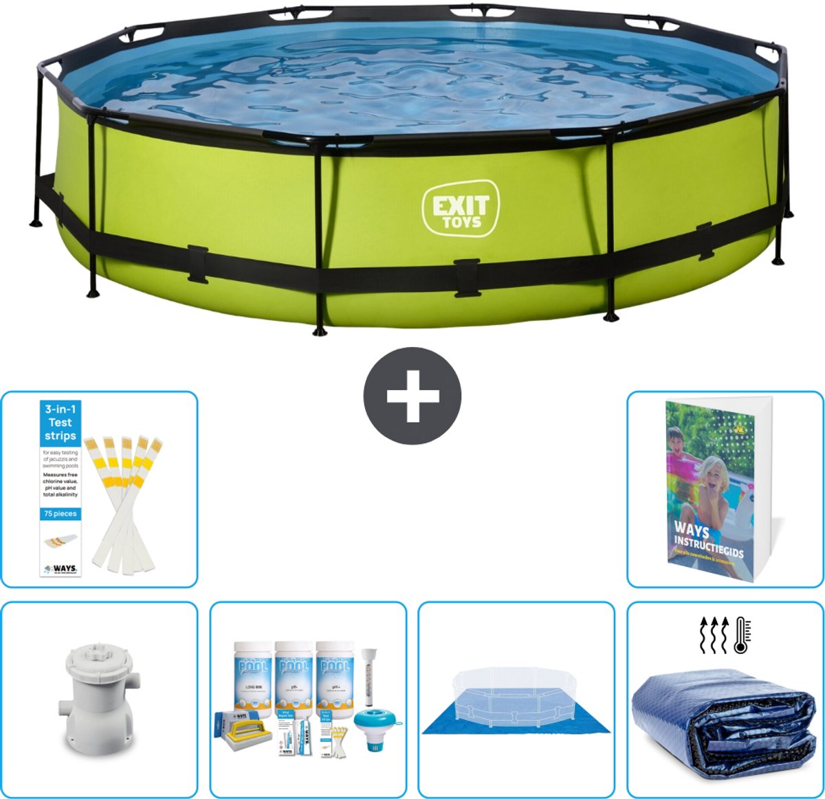 EXIT Rond Lime Frame Zwembad - 360 x 76 cm - Inclusief Pomp - Onderhoudspakket - Grondzeil - Solarzeil - 7-delig