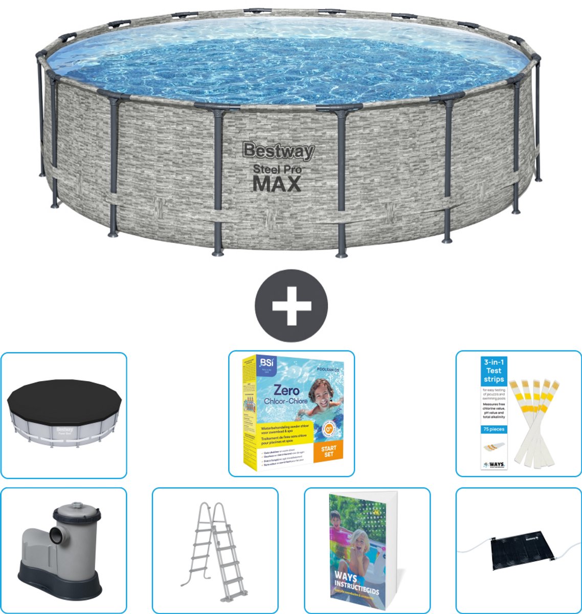 Bestway Rond Steel Pro MAX Zwembad - Steenprint - 488 x 122 cm - Inclusief Pomp - Ladder - Afdekzeil - Onderhoudspakket - Solar Mat - 8-delig