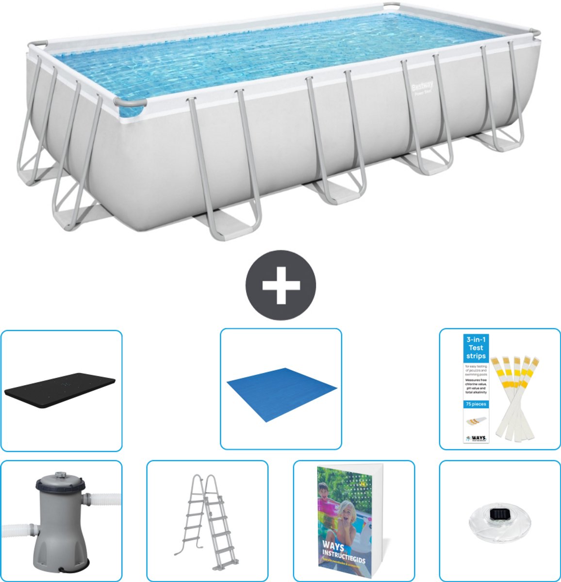 Bestway Rechthoekig Power Steel Zwembad - 488 x 244 x 122 - Grijs Inclusief Pomp - Ladder - Afdekzeil - Grondzeil - Verlichting - 8-delig