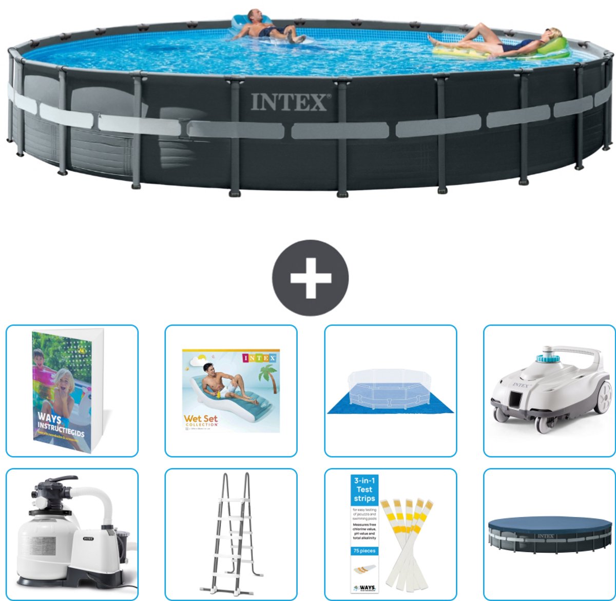 Intex Rond Ultra XTR Frame Zwembad - 732 x 132 cm - Inclusief Pomp - Ladder - Grondzeil - Afdekzeil - Loungebed - Stofzuiger - 9-delig