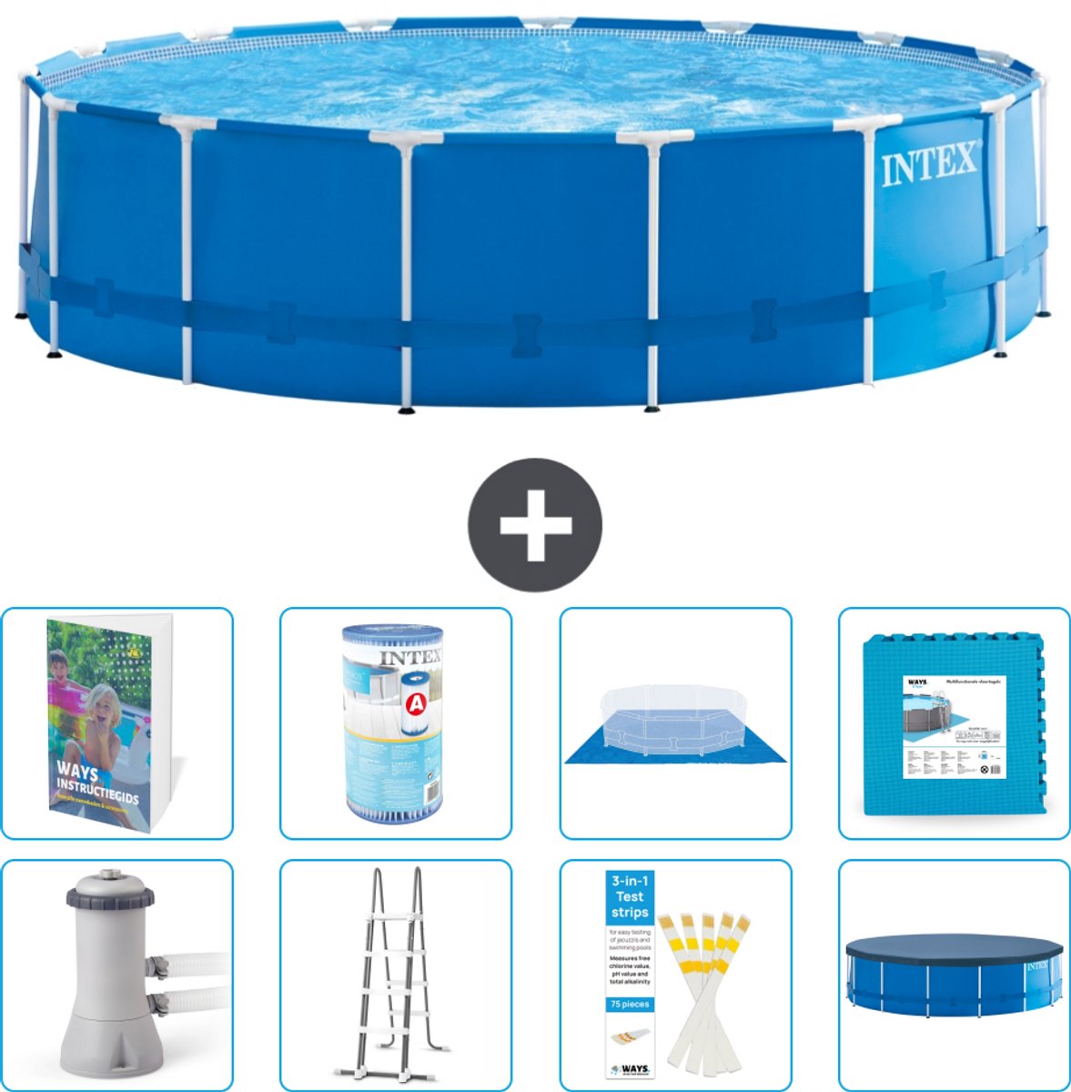 Intex Rond Frame Zwembad - 457 x 122 cm - Blauw - Inclusief Pomp - Ladder - Grondzeil - Afdekzeil - Filter - Vloertegels - 9-delig