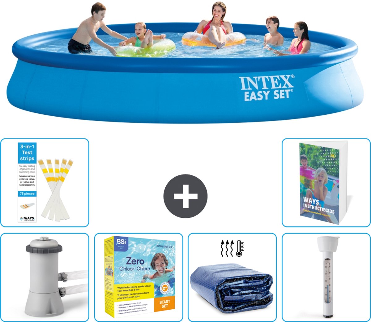 Intex Rond Opblaasbaar Easy Set Zwembad - 457 x 84 cm - Blauw - Inclusief Pomp - Onderhoudspakket - Solarzeil - Thermometer - 7-delig