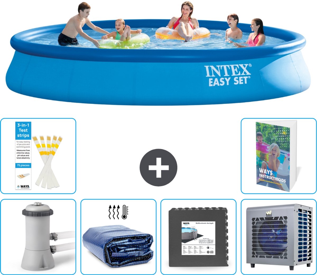 Intex Rond Opblaasbaar Easy Set Zwembad - 457 x 84 cm - Blauw - Inclusief Pomp - Solarzeil - Vloertegels - Warmtepomp - 7-delig