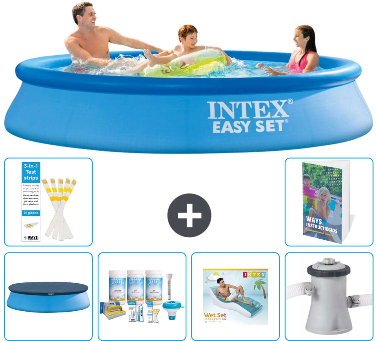 Intex Rond Opblaasbaar Easy Set Zwembad - 305 x 61 cm - Blauw - Inclusief Afdekzeil - Onderhoudspakket - Loungebed - Zwembadfilterpomp - 7-delig