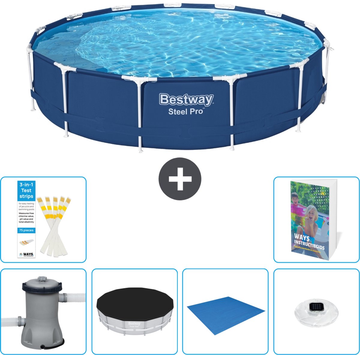 Bestway Rond Steel Pro Zwembad - 396 x 84 cm - Blauw - Inclusief Pomp - Afdekzeil - Grondzeil - Verlichting - 7-delig