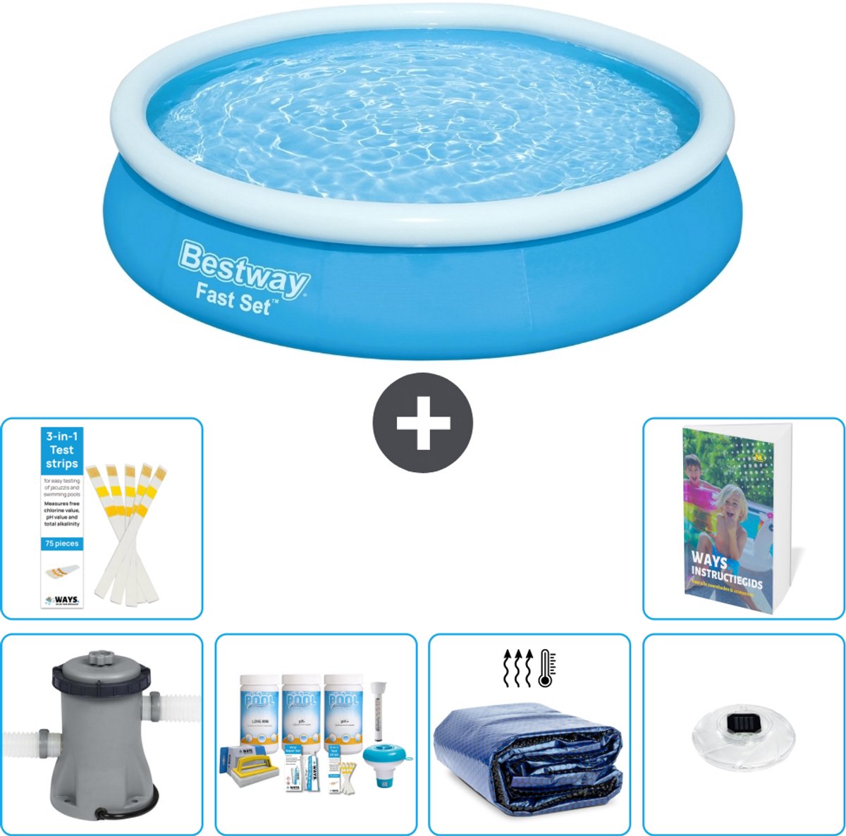 Bestway Rond Opblaasbaar Fast Set Zwembad - 366 x 76 cm - Blauw - Inclusief Pomp - Onderhoudspakket - Solarzeil - Verlichting - 7-delig