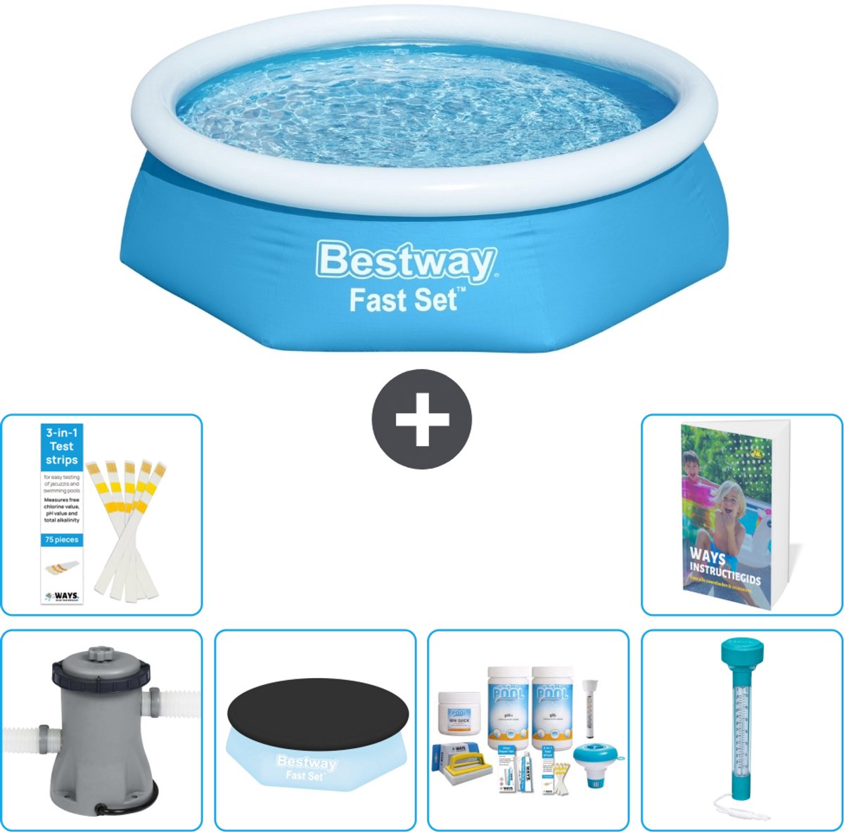 Bestway Rond Opblaasbaar Fast Set Zwembad - 244 x 61 cm - Blauw - Inclusief Pomp - Afdekzeil - Onderhoudspakket - Thermometer - 7-delig