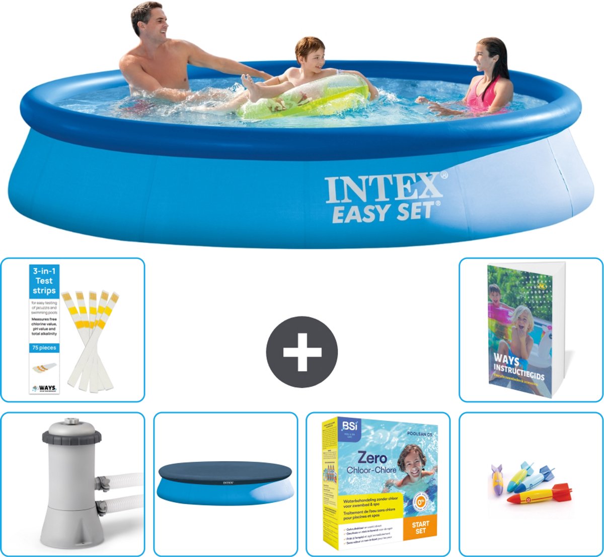 Intex Rond Opblaasbaar Easy Set Zwembad - 366 x 76 cm - Blauw - Inclusief Pomp - Afdekzeil - Onderhoudspakket - Speelgoed - 7-delig