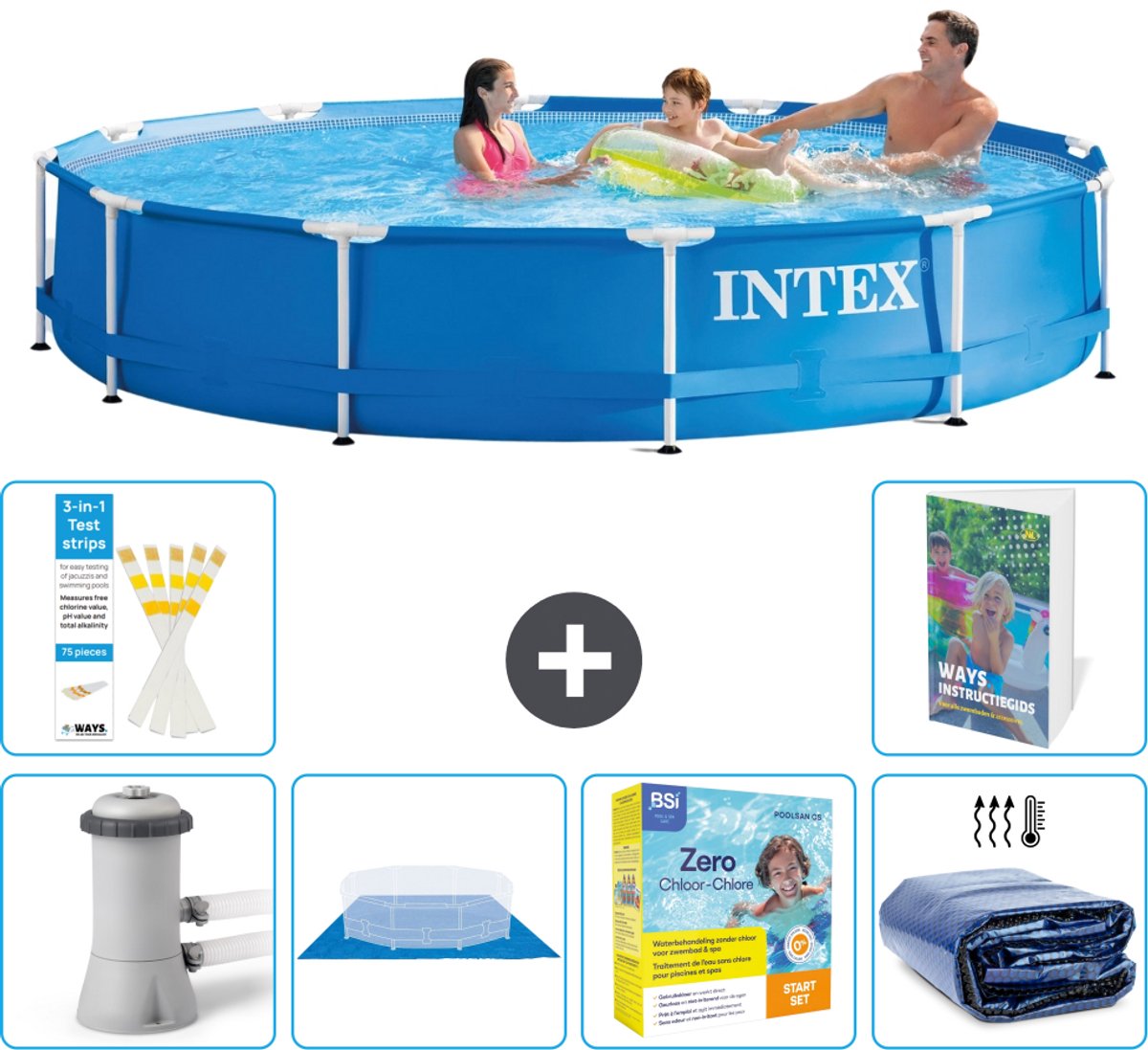 Intex Rond Frame Zwembad - 366 x 76 cm - Blauw - Inclusief Pomp - Grondzeil - Onderhoudspakket - Solarzeil - 7-delig