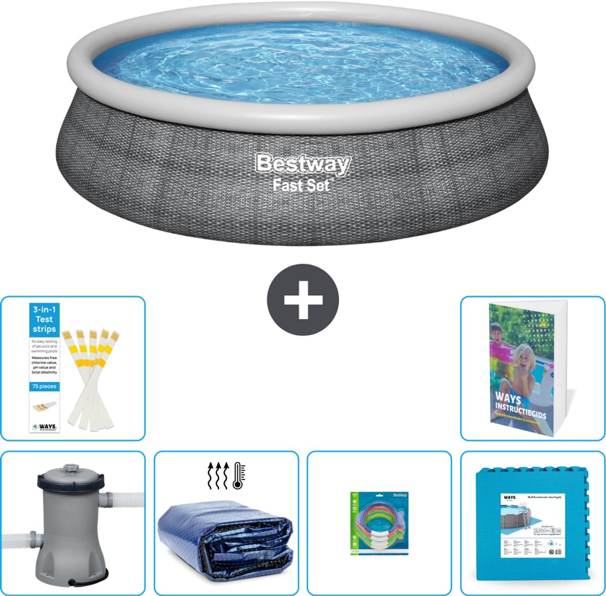 Bestway Rond Opblaasbaar Fast Set Zwembad - Rotanprint - 457 x 84 cm - Inclusief Pomp - Solarzeil - Speelgoed - Vloertegels - 7-delig