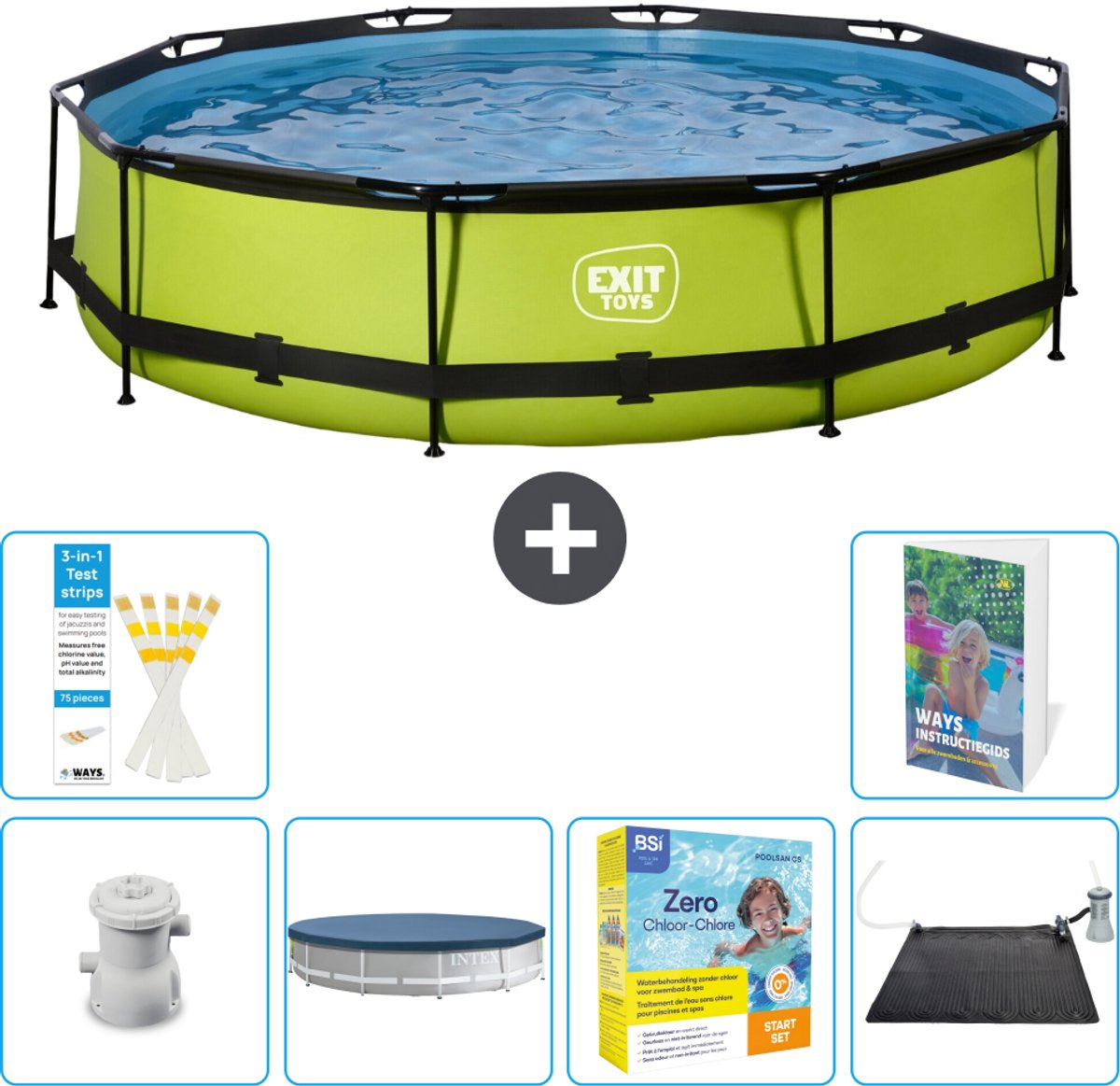 EXIT Rond Lime Frame Zwembad - 360 x 76 cm - Inclusief Pomp - Afdekzeil - Onderhoudspakket - Solar Mat - 7-delig