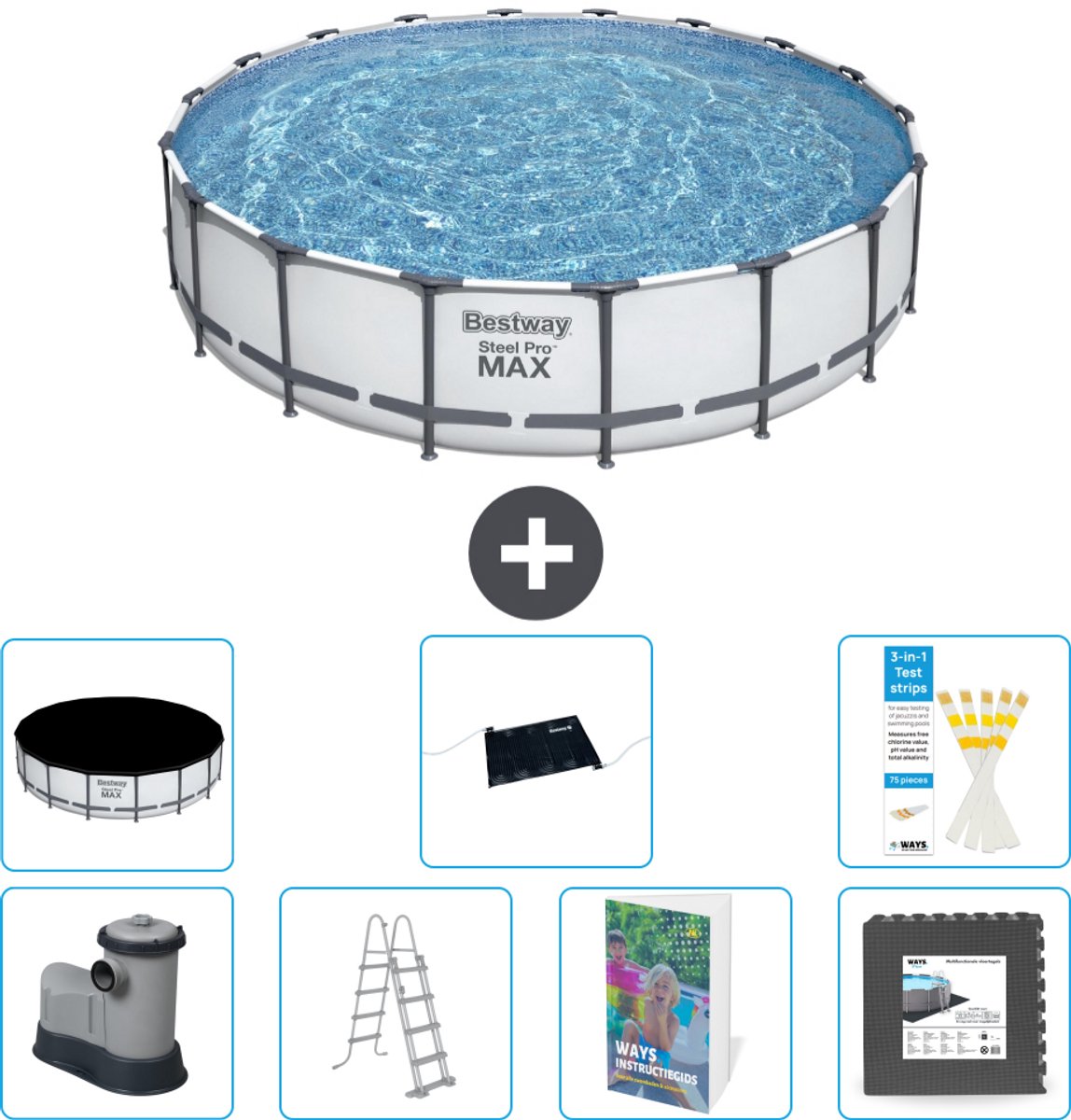 Bestway Rond Steel Pro MAX Zwembad - 549 x 122 cm - Grijs - Inclusief Pomp - Ladder - Afdekzeil - Solar Mat - Vloertegels - 8-delig