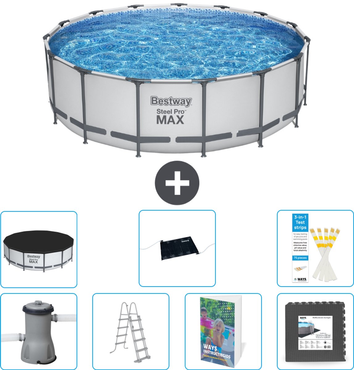 Bestway Rond Steel Pro MAX Zwembad - 457 x 122 cm - Grijs - Inclusief Pomp - Ladder - Afdekzeil - Solar Mat - Vloertegels - 8-delig