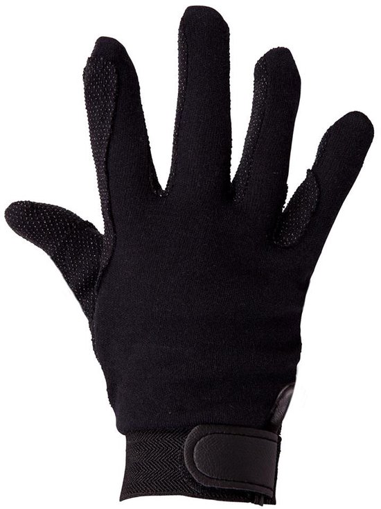 Zwarte rijhandschoen met getextureerde vingertoppen, sluiting en elastische polsband.