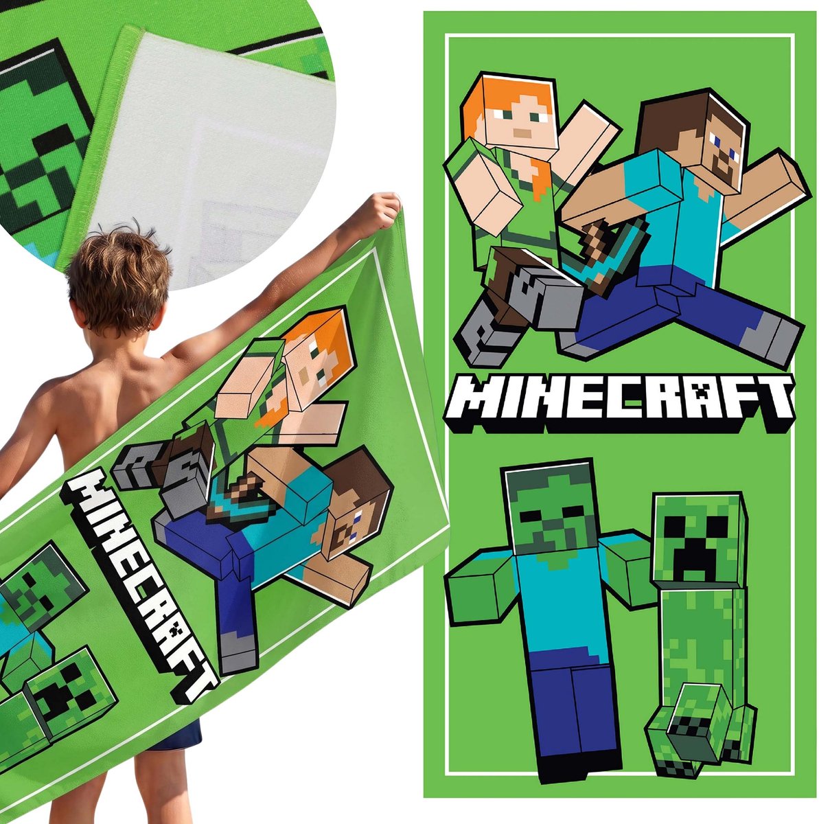 Minecraft Gaming, SNELDROGEND Strandlaken, badhanddoek VOOR JONGENS, microvezel 70x140 cm OEKO-TEX