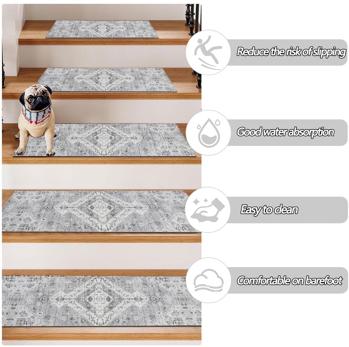 SnelShoppen - 4 Stuks Trapmatten 76 x 20 cm - Antislip Binnen Traptapijt - Vintage Grijs - Wasbaar Rubberen Rug - Voor Kinderen, Ouderen en Huisdieren