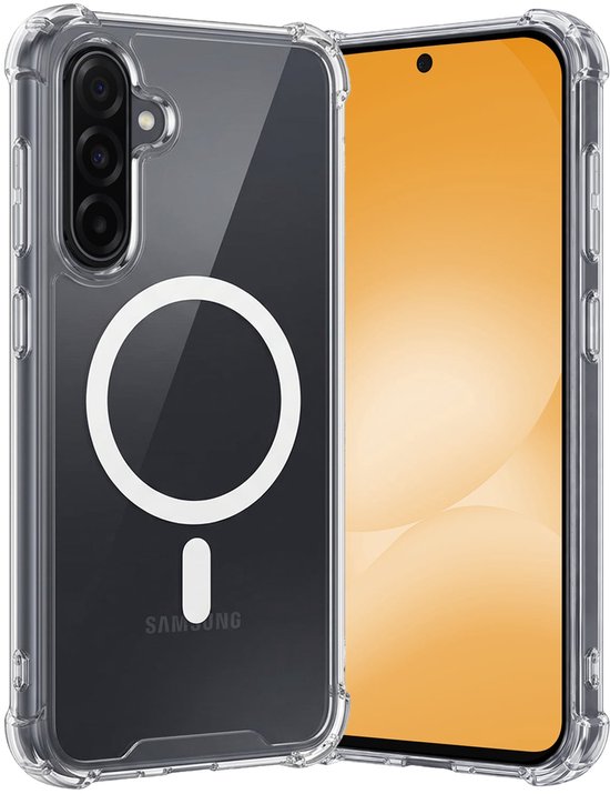 Coque de téléphone transparente avec MagSafe, pour Samsung Galaxy A56, avec un téléphone à écran orange à l'intérieur.