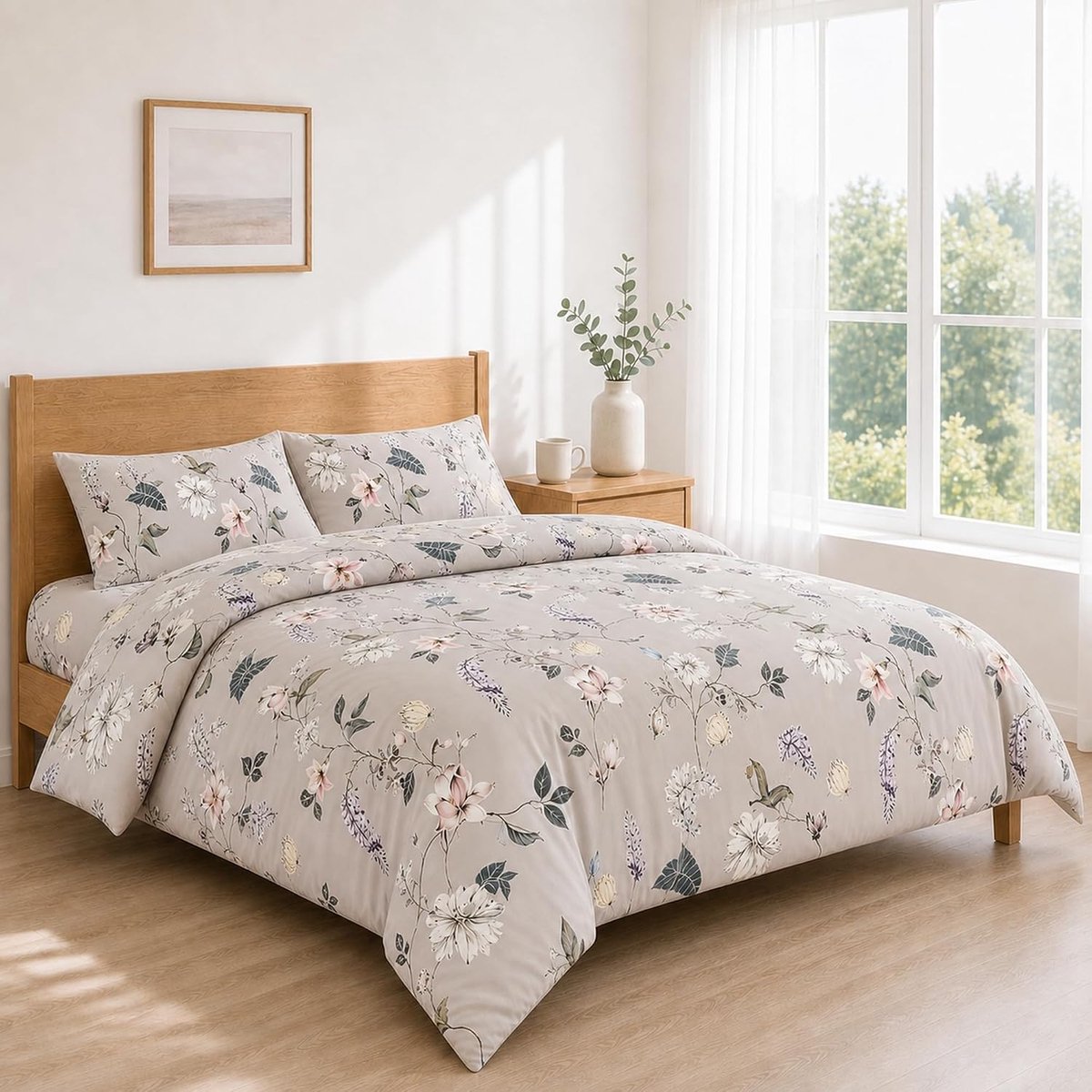 SnelShoppen - Lakenset Bedrukt 180x200+30 / 260x270 + 50x80 2PCS Tortora Floreale | Zachte Microvezel, Ademend, Extra Grote Maten, Serene Kleur, Perfe