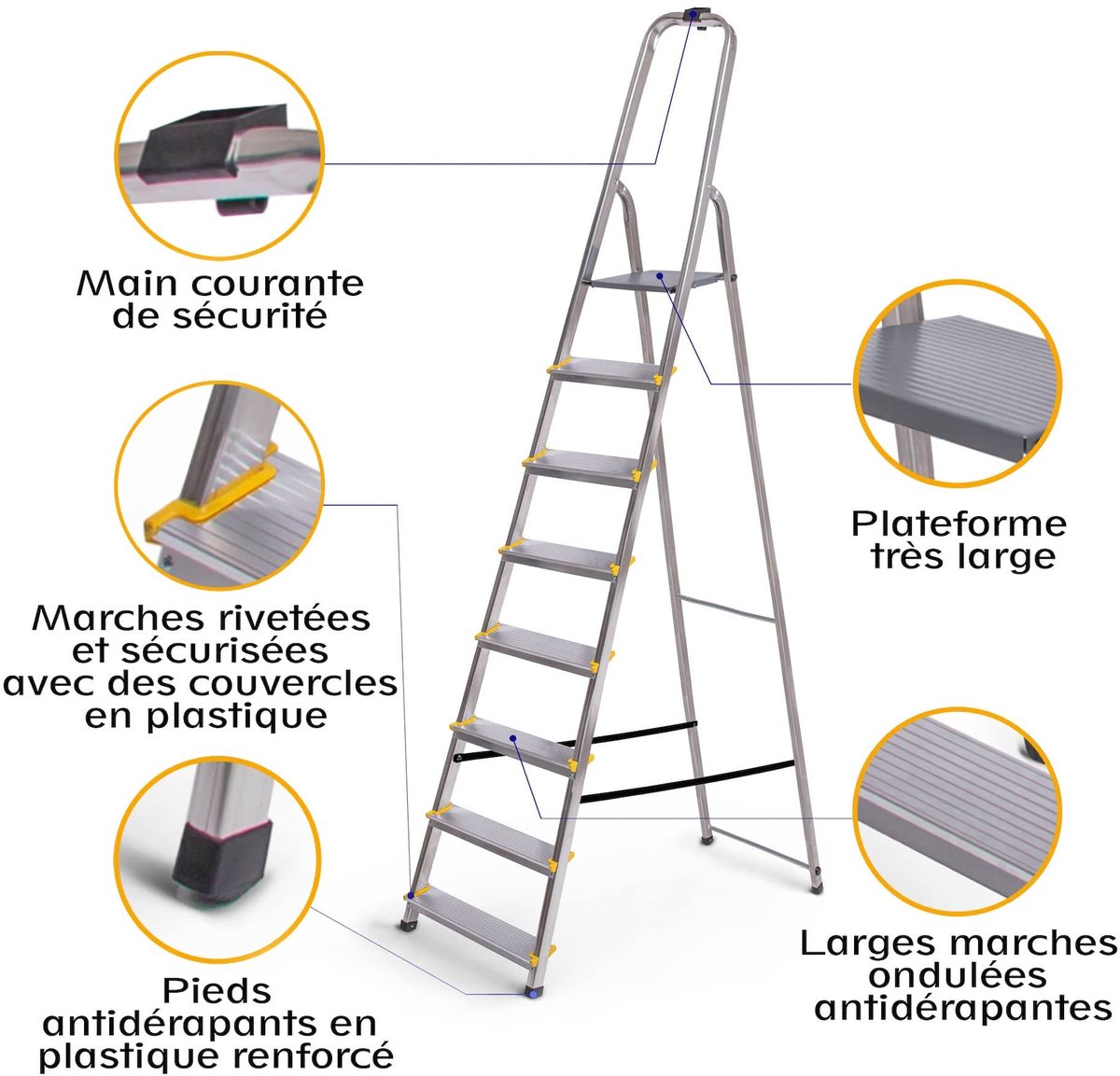SnelShoppen - Opvouwbare Trapladder 8 Treden van Aluminium, Lichtgewicht Met Antislipvoeten, Platformhoogte 162 cm, Belastbaar Tot 150 kg, 5 Jaar Gara