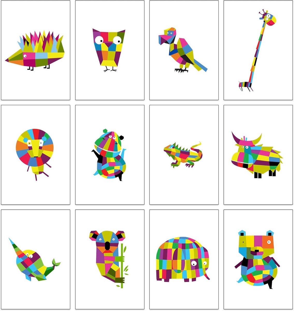 SnelShoppen - 12 Kleurrijke Dieren Wenskaarten Set voor Verjaardagen en Algemene Gelegenheden - Geometrische Motieven - Recycled Kraftpapier - Inclusi