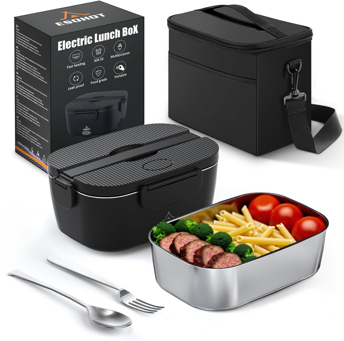 Elektrische Lunchbox - 120W Verwarmbare Lunchbox - 1,5L RVS Binnenbak - Lekvrije Voedselcontainer - Met 12V/24V Auto & 230V Thuis Aansluiting - Snelle Opwarming - Voor Werk, Kantoor, Reizen en Onderweg