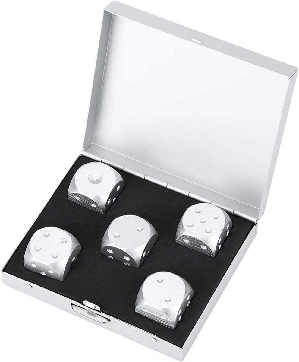 Set van 5 Aluminium Dobbelstenen voor Tafelspellen - Poker, Monopoly en Meer met Opbergdoos