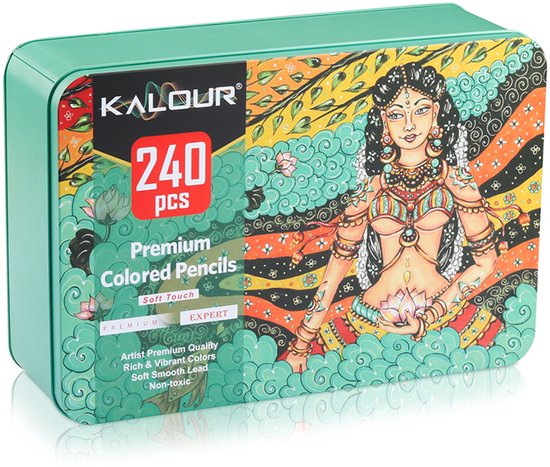 Tinnen doos met "240 pcs Premium Colored Pencils" en een illustratie van een vrouw.