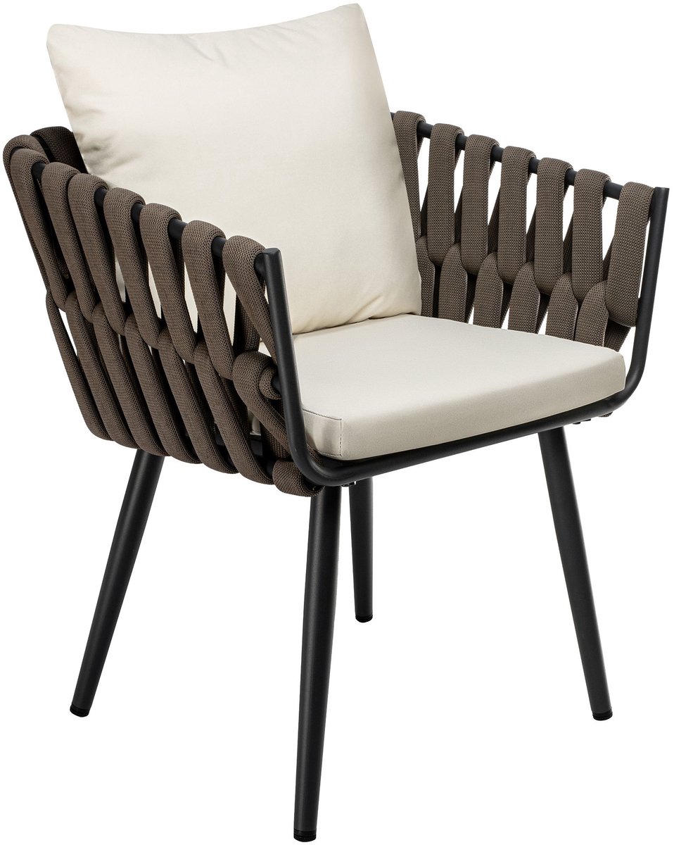 CLP Tuinstoel Lombardia taupe - Vlechtlook - Inclusief Zitkussen - Met Armleuningen en Vloerbeschermers - Voor Balkon en Terras - creme