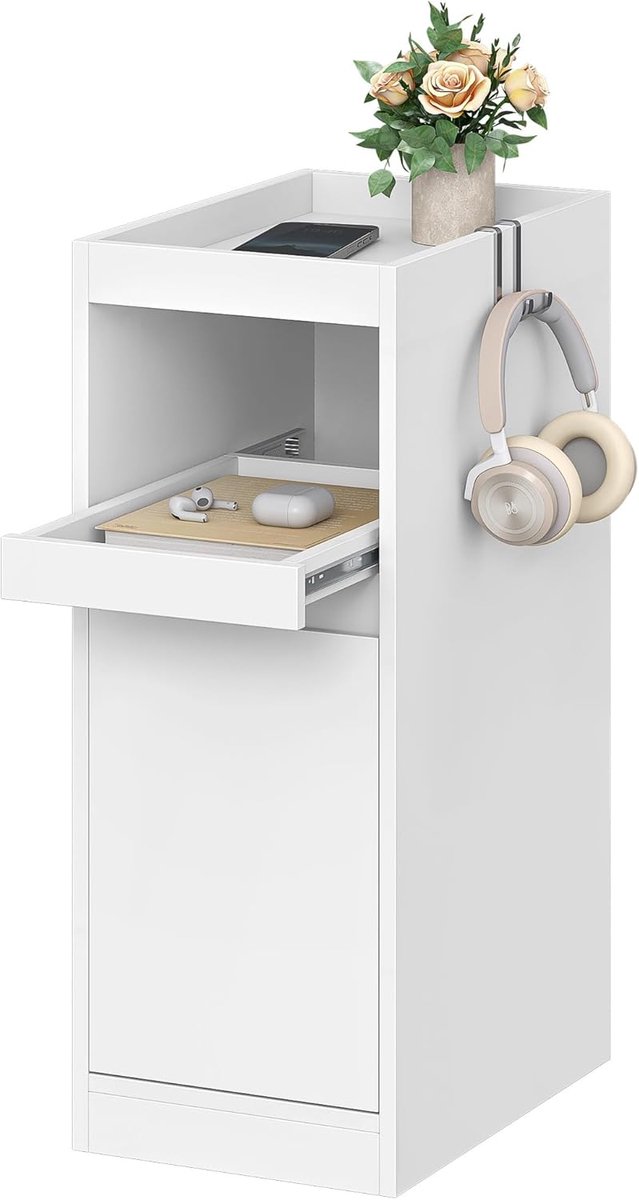 Hzuaneri Smalle Nachtkastje, Klein Nachtkastje met Dienblad, Nachtkastje met 1 Deur, Bijzettafel met 2 Haken, voor Slaapkamers, Woonkamers, Modern, Wit, 35 × 24 × 64 cm
