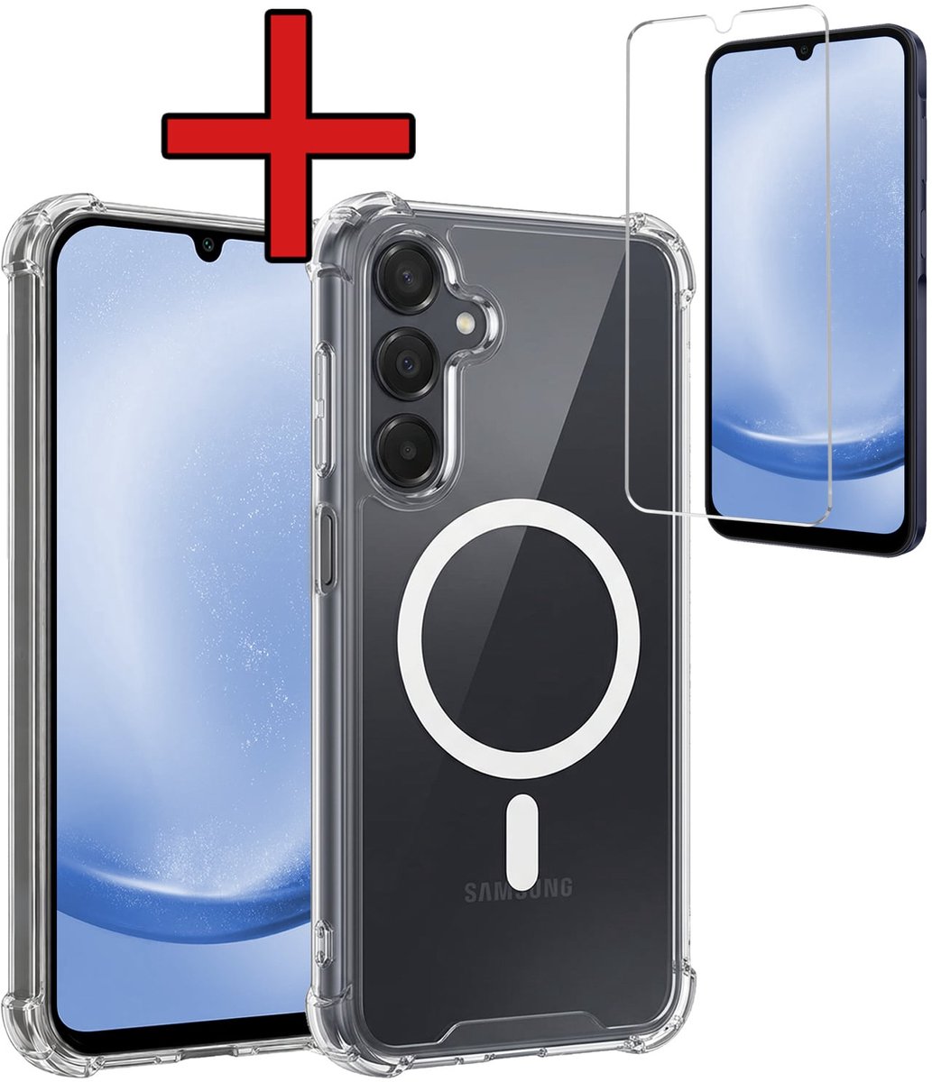 Hoesje - Met Screenprotector - Geschikt voor Samsung Galaxy A25 - Magsafe Compatible - Sterk & Shockproof - Shock Proof Case - Back Cover - Telefoon Hoes - Telefoonhoes - Transparant
