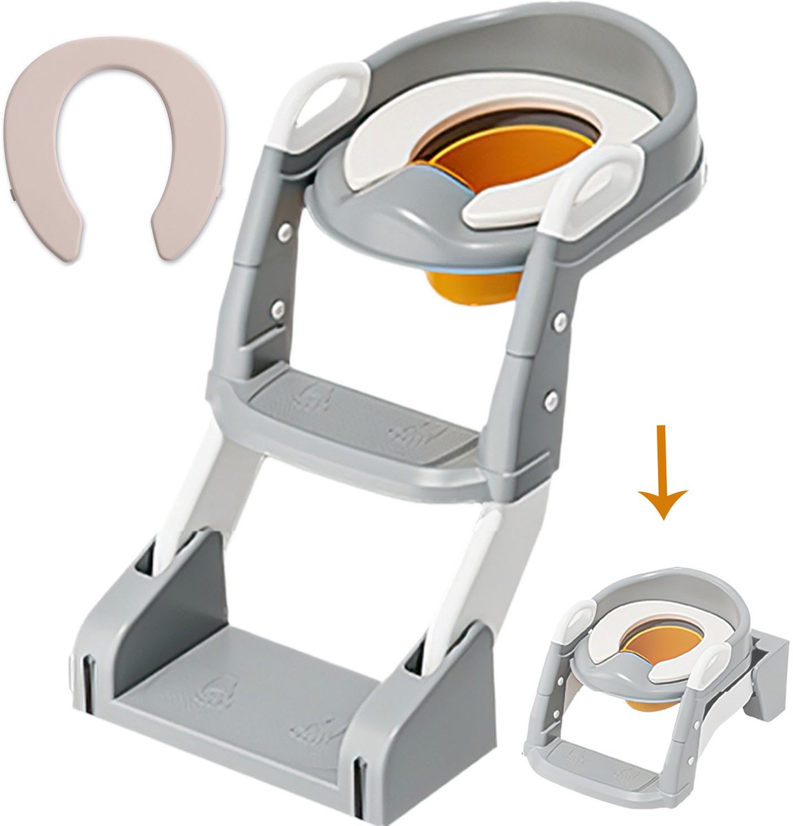 Kinder WC-Brilverkleiner Met Trap - Opvouwbare Toilettrainer 3-in-1 - Kinder Toiletzitje Met Zachte PU Zitting - Verstelbare Voetsteun - Antislip Toilettrainer Voor Jongens En Meisjes - Grijs