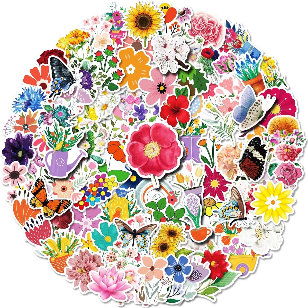 SnelShoppen - 100 Sticker Set 04 - Verschillende Bloempatronen - 5-7 cm - Waterdichte Stickers voor Kinderen, Vrouwen, Mobiele Telefoon, Laptop, Scrap