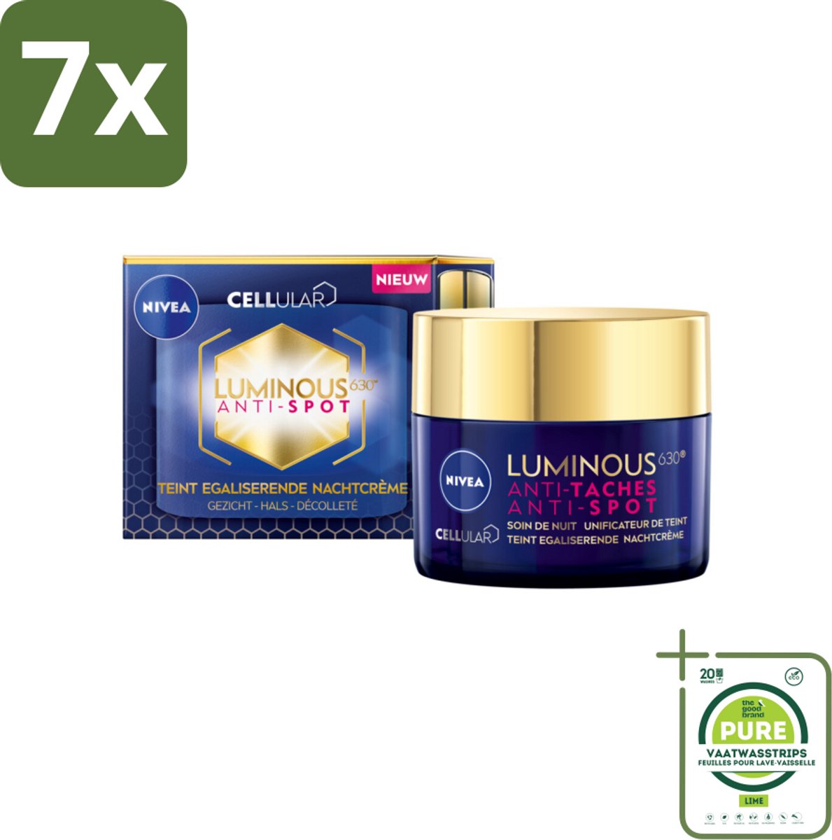 7 x NIVEA - Nachtcrème - CELLular LUMINOUS630 Tegen Vlekken - Egaliserend - Tegen pigmentvlekken - Met Hyaluronzuur - 50 ml - Grootverpakking - Nivea Anti-rimpel Crème - Nivea Nachtcrème - Anti-pigment Crème - Anti-vlek Crème - Hydraterende Crème