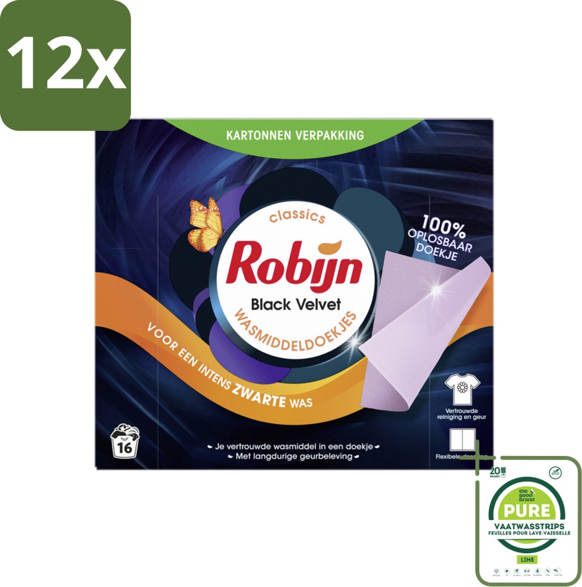 Robijn Classics - Black Velvet - Wasmiddeldoekjes - 16 Wasstrips - Voordeelverpakking - 12 stuks - Wasmiddel - Wasstrips